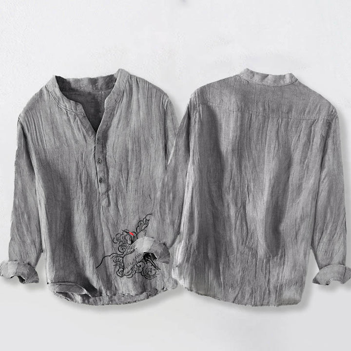 Camisa de manga larga de lino y algodón para hombre con diseño de grulla de corona roja, nubes y Buddha Stones , con botones a la izquierda - image 5