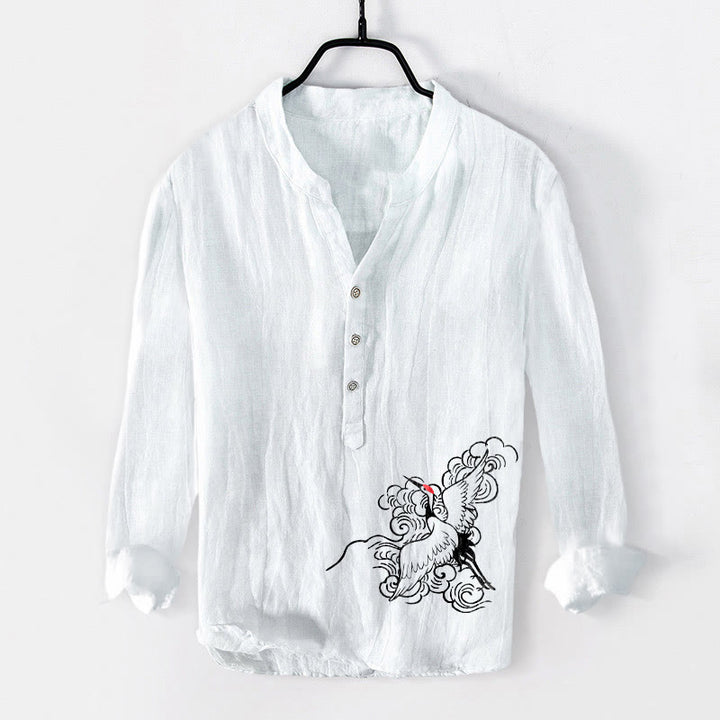 Camisa de manga larga de lino y algodón para hombre con diseño de grulla de corona roja, nubes y Buddha Stones , con botones a la izquierda - Blanco - US/UK/AU50, UE60 (5XL) - image 6
