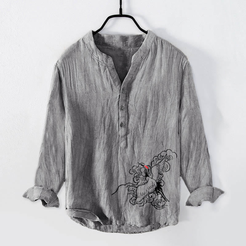 Camisa de manga larga de lino y algodón para hombre con diseño de grulla de corona roja, nubes y Buddha Stones , con botones a la izquierda - Gris - US/UK/AU50, UE60 (5XL) - image 3