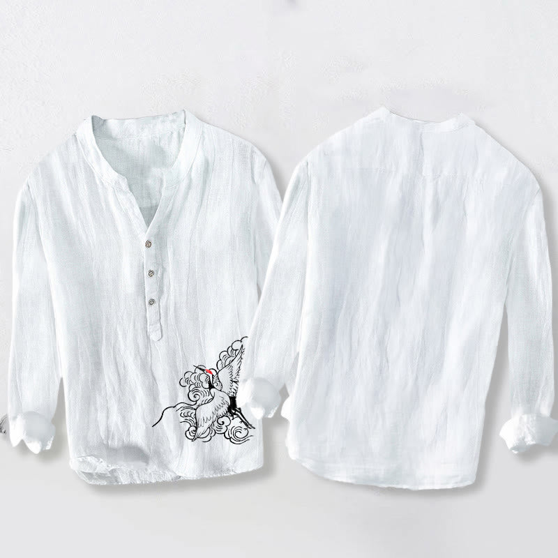 Camisa de manga larga de lino y algodón para hombre con diseño de grulla de corona roja, nubes y Buddha Stones , con botones a la izquierda - image 8