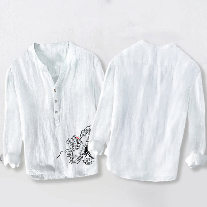 Camisa de manga larga de lino y algodón para hombre con diseño de grulla de corona roja, nubes y Buddha Stones , con botones a la izquierda - image 8
