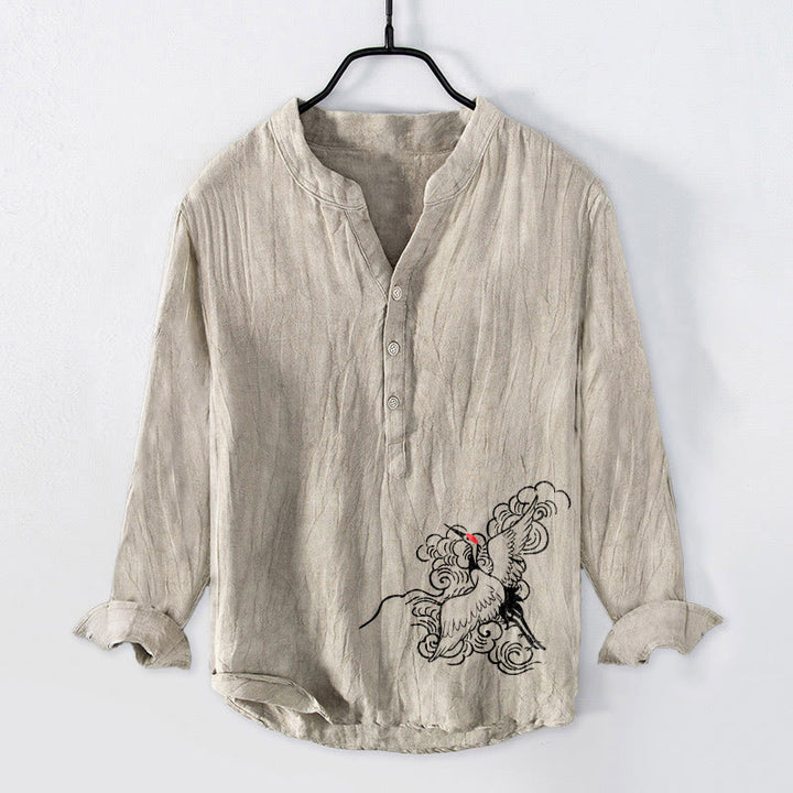 Camisa de manga larga de lino y algodón para hombre con diseño de grulla de corona roja, nubes y Buddha Stones , con botones a la izquierda - Lino - US/UK/AU50, EU60 (5XL) - image 0