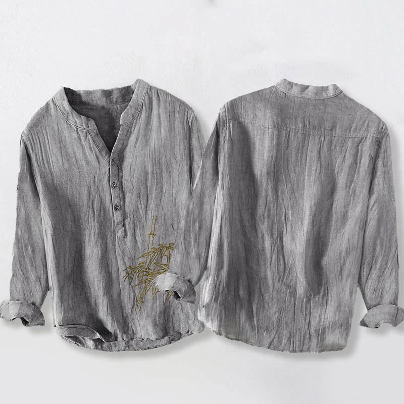 Camisa de manga larga de lino y algodón para hombre con estampado de hojas de bambú y Buddha Stones , con botones y botones. - image 5