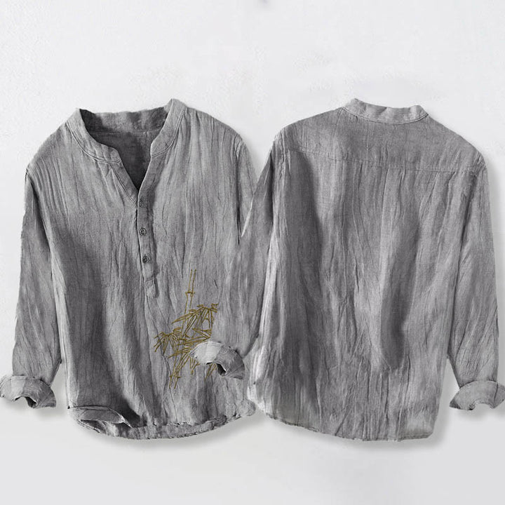 Camisa de manga larga de lino y algodón para hombre con estampado de hojas de bambú y Buddha Stones , con botones y botones. - image 5