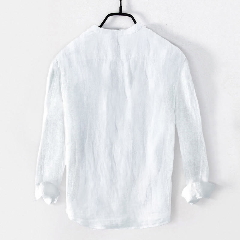 Camisa de manga larga de lino y algodón para hombre con estampado de hojas de bambú y Buddha Stones , con botones y botones. - image 1