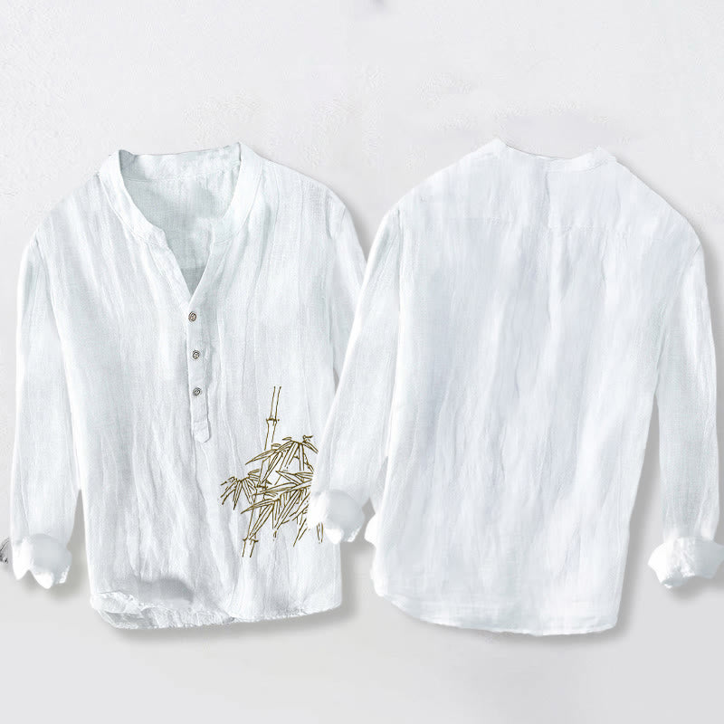 Camisa de manga larga de lino y algodón para hombre con estampado de hojas de bambú y Buddha Stones , con botones y botones. - image 2