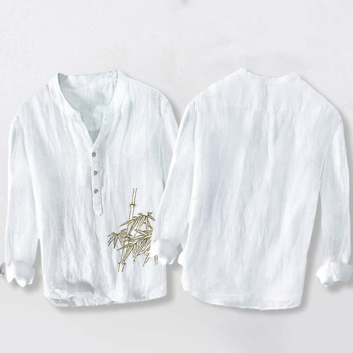 Camisa de manga larga de lino y algodón para hombre con estampado de hojas de bambú y Buddha Stones , con botones y botones. - image 2