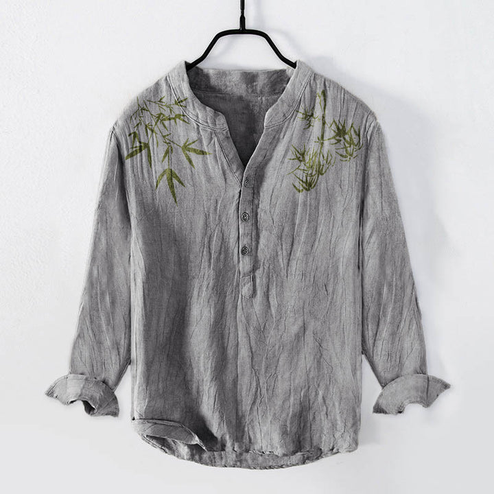 Camisa de manga larga de lino y algodón para hombre con estampado de hojas de bambú verde y Buddha Stones , con botones a la izquierda - Gris - US/UK/AU50, EU60 (5XL) - image 3