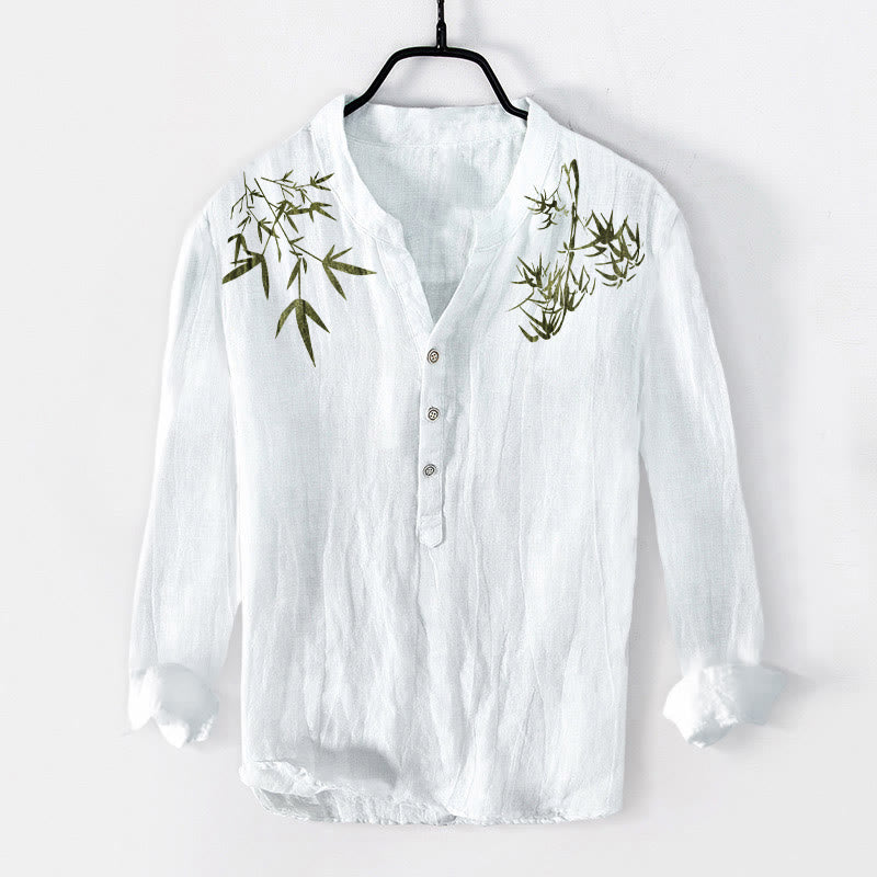 Camisa de manga larga de lino y algodón para hombre con estampado de hojas de bambú verde y Buddha Stones , con botones a la izquierda - Blanco - US/UK/AU50, EU60 (5XL) - image 6