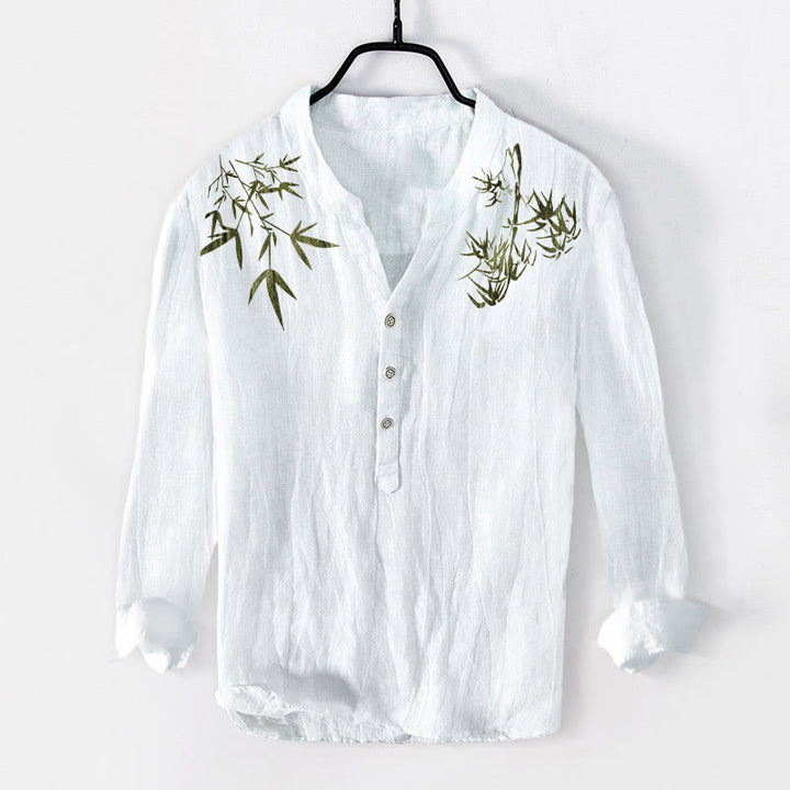 Camisa de manga larga de lino y algodón para hombre con estampado de hojas de bambú verde y Buddha Stones , con botones a la izquierda - Blanco - US/UK/AU50, EU60 (5XL) - image 6