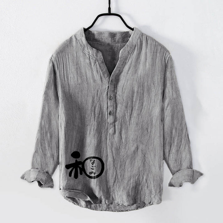 Camisa de manga larga de lino y algodón para hombre con diseño de armonía de caracteres chinos y Buddha Stones , con botones y medio botón. - Gris - US/UK/AU50, UE60 (5XL) - image 6