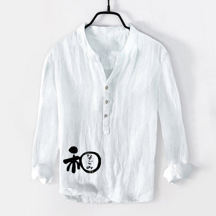 Camisa de manga larga de lino y algodón para hombre con diseño de armonía de caracteres chinos y Buddha Stones , con botones y medio botón. - Blanco - US/UK/AU50, UE60 (5XL) - image 0