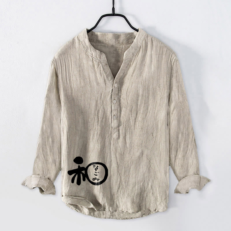 Camisa de manga larga de lino y algodón para hombre con diseño de armonía de caracteres chinos y Buddha Stones , con botones y medio botón. - Lino - US/UK/AU50, UE60 (5XL) - image 3