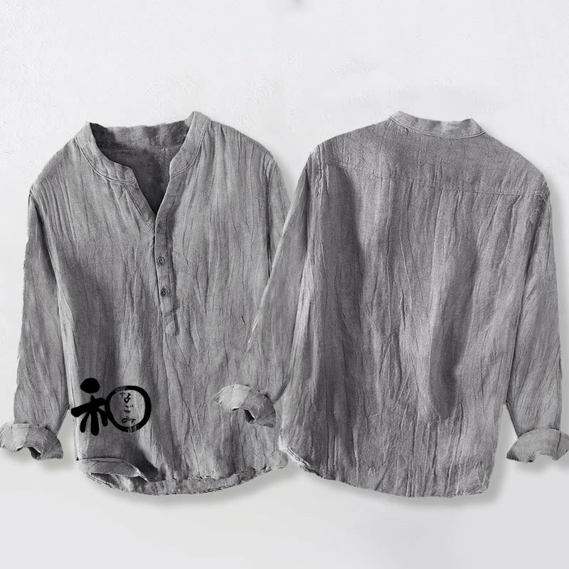 Camisa de manga larga de lino y algodón para hombre con diseño de armonía de caracteres chinos y Buddha Stones , con botones y medio botón. - image 8