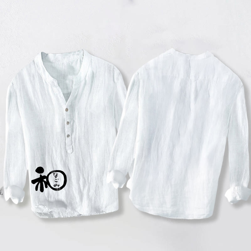 Camisa de manga larga de lino y algodón para hombre con diseño de armonía de caracteres chinos y Buddha Stones , con botones y medio botón. - image 2