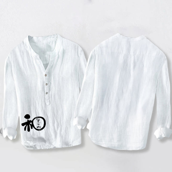 Camisa de manga larga de lino y algodón para hombre con diseño de armonía de caracteres chinos y Buddha Stones , con botones y medio botón. - image 2