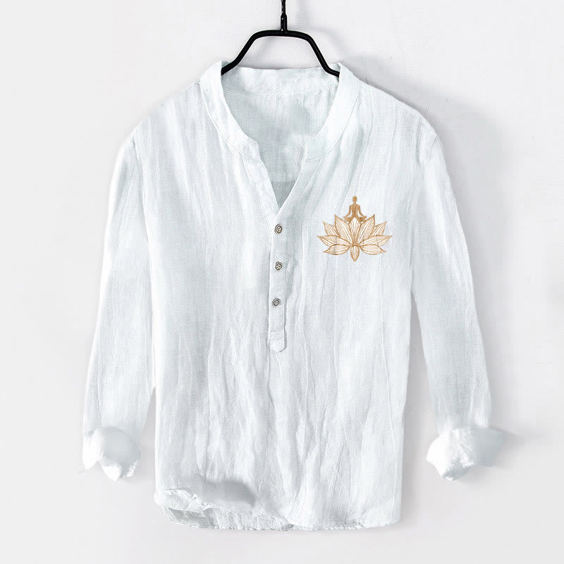 Camisa de manga larga de algodón y lino para hombre con diseño de loto y Buddha Stones en meditación, con botones y medio botón. - image 7