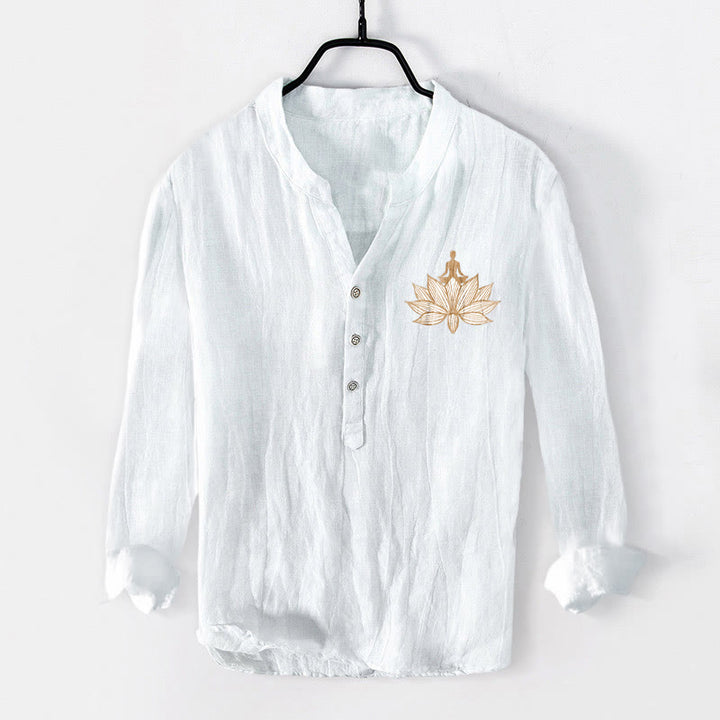 Camisa de manga larga de algodón y lino para hombre con diseño de loto y Buddha Stones en meditación, con botones y medio botón. - image 7