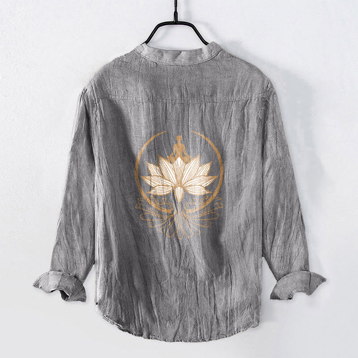 Camisa de manga larga de algodón y lino para hombre con diseño de loto y Buddha Stones en meditación, con botones y medio botón. - image 2
