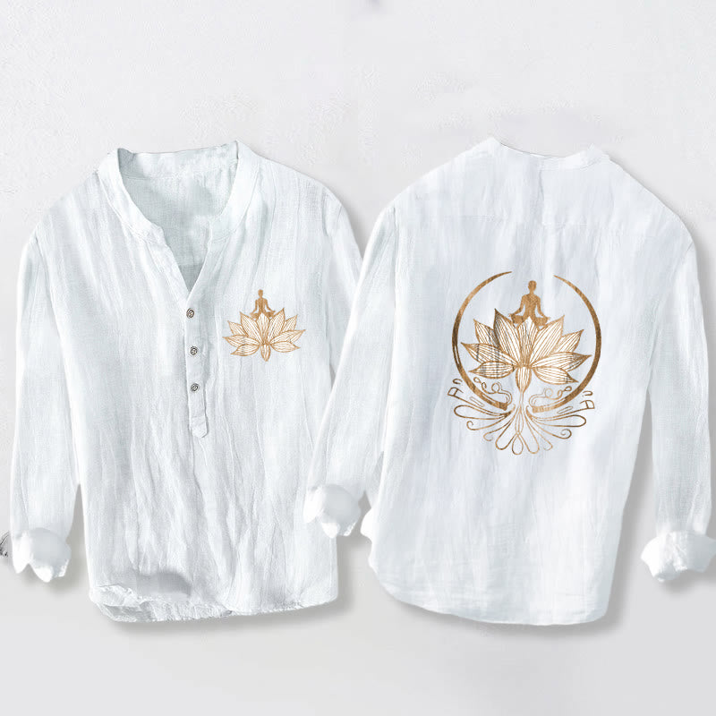 Camisa de manga larga de algodón y lino para hombre con diseño de loto y Buddha Stones en meditación, con botones y medio botón. - Blanco - US/UK/AU50, UE60 (5XL) - image 6