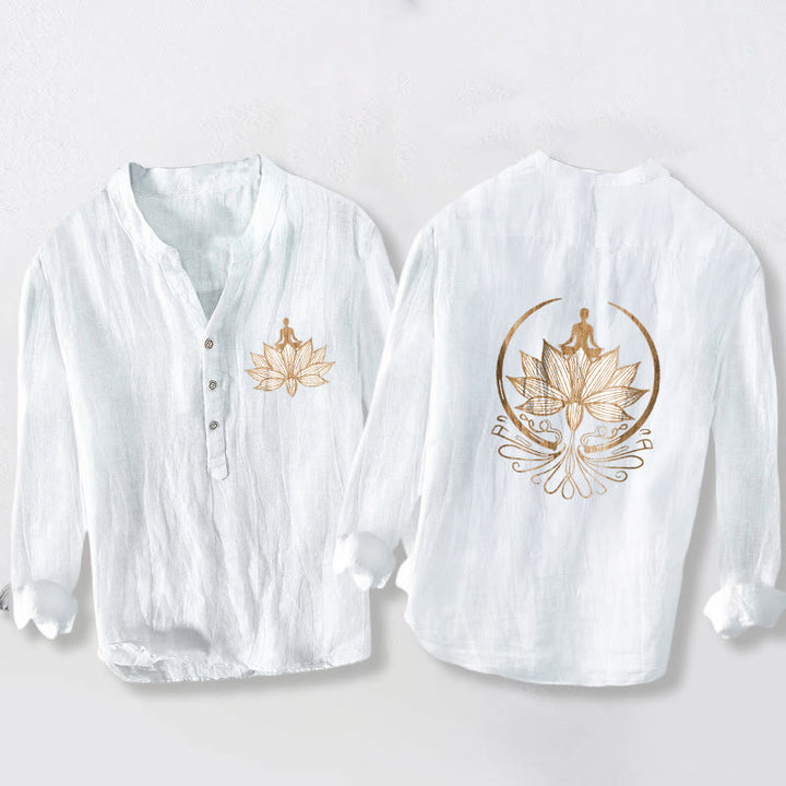Camisa de manga larga de algodón y lino para hombre con diseño de loto y Buddha Stones en meditación, con botones y medio botón. - Blanco - US/UK/AU50, EU60 (5XL) - image 6