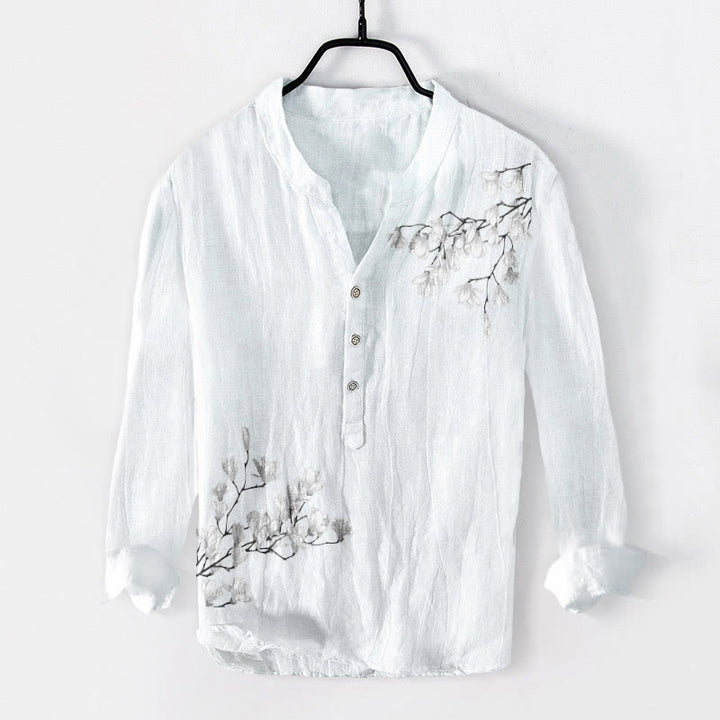 Camisa de manga larga de lino y algodón para hombre con estampado de ramas de magnolia y piedras de Buddha Stones . - Blanco - US/UK/AU50, EU60 (5XL) - image 6