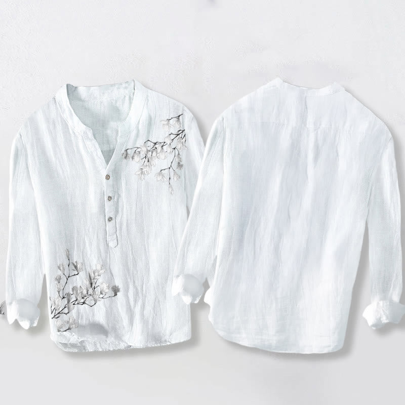 Camisa de manga larga de lino y algodón para hombre con estampado de ramas de magnolia y piedras de Buddha Stones . - image 8