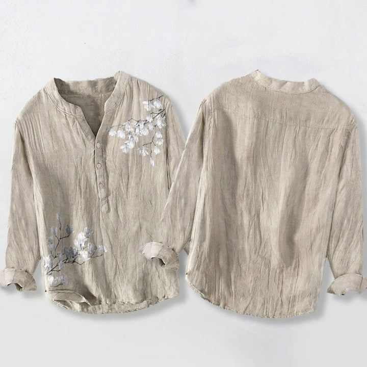 Camisa de manga larga de lino y algodón para hombre con estampado de ramas de magnolia y piedras de Buddha Stones . - image 5