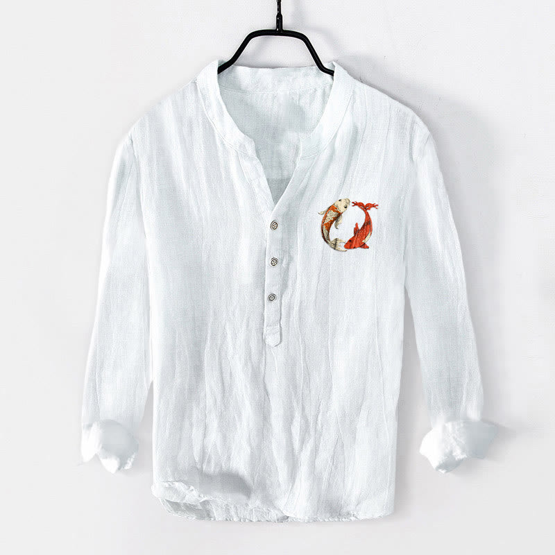 Camisa de manga larga de lino y algodón para hombre con diseño de pez koi, Yin Yang, rojo y blanco, con botones y Buddha Stones - image 7