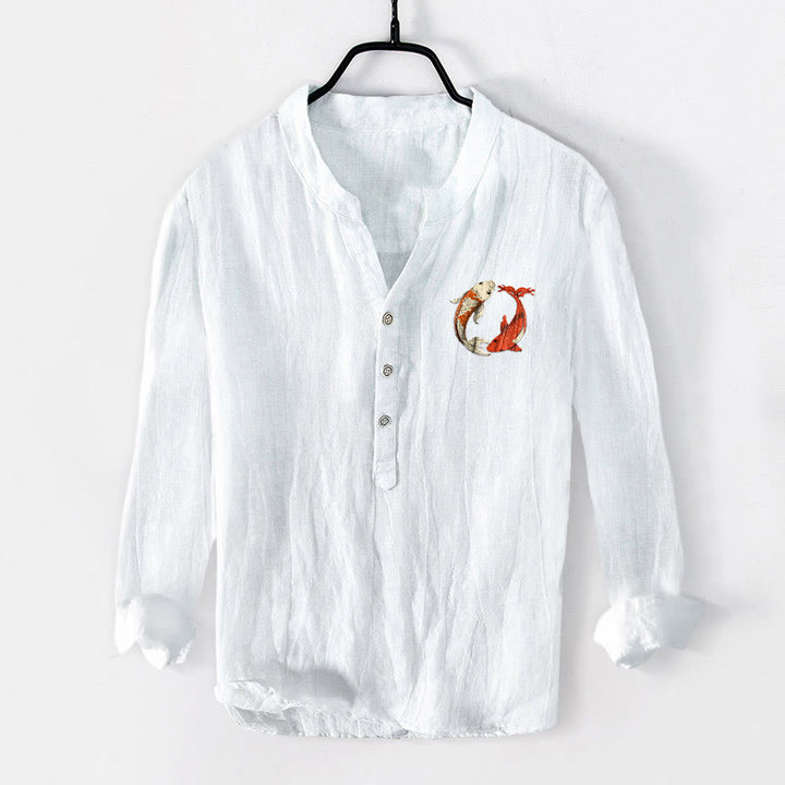 Camisa de manga larga de lino y algodón para hombre con diseño de pez koi, Yin Yang, rojo y blanco, con botones y Buddha Stones - image 7