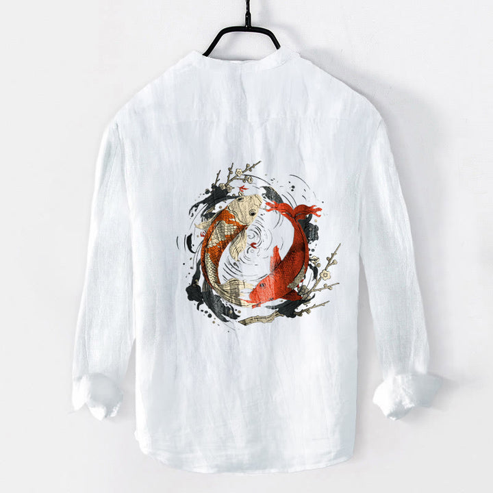 Camisa de manga larga de lino y algodón para hombre con diseño de pez koi, Yin Yang, rojo y blanco, con botones y Buddha Stones - image 8
