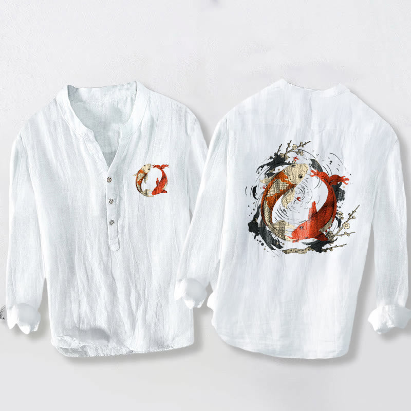 Camisa de manga larga de lino y algodón para hombre con diseño de pez koi, Yin Yang, rojo y blanco, con botones y Buddha Stones - Blanco - US/UK/AU50, UE60 (5XL) - image 6