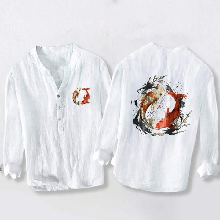 Camisa de manga larga de lino y algodón para hombre con diseño de pez koi, Yin Yang, rojo y blanco, con botones y Buddha Stones - Blanco - US/UK/AU50, UE60 (5XL) - image 6