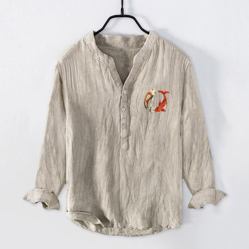 Camisa de manga larga de lino y algodón para hombre con diseño de pez koi, Yin Yang, rojo y blanco, con botones y Buddha Stones - image 1