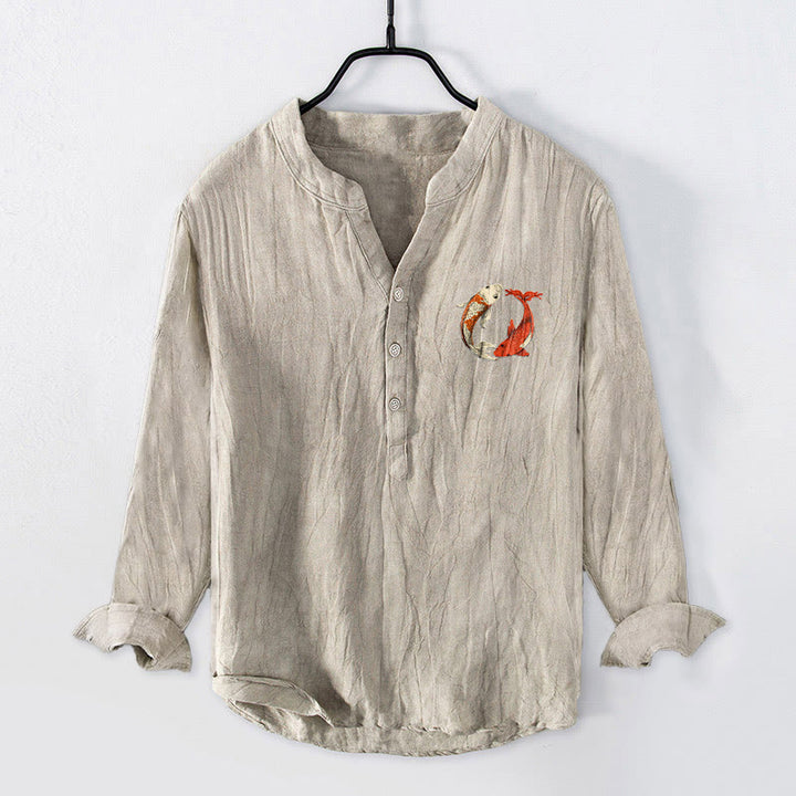Camisa de manga larga de lino y algodón para hombre con diseño de pez koi, Yin Yang, rojo y blanco, con botones y Buddha Stones - image 1