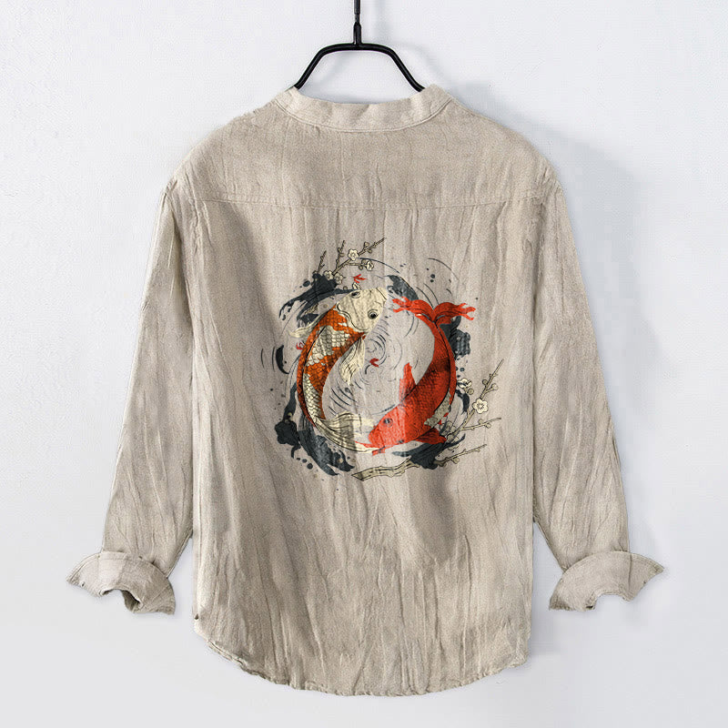 Camisa de manga larga de lino y algodón para hombre con diseño de pez koi, Yin Yang, rojo y blanco, con botones y Buddha Stones - image 2