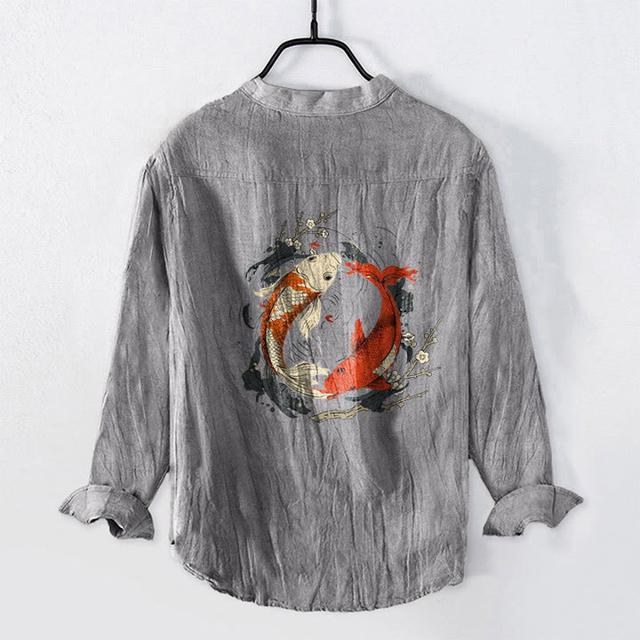 Camisa de manga larga de lino y algodón para hombre con diseño de pez koi, Yin Yang, rojo y blanco, con botones y Buddha Stones - image 5