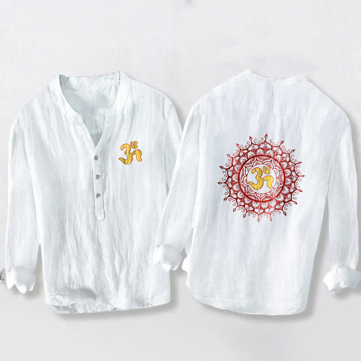 Camisa de manga larga de algodón y lino para hombre con diseño de mandala, símbolo OM y Buddha Stones , con botones y medio botón. - Blanco - US/UK/AU50, EU60 (5XL) - image 0
