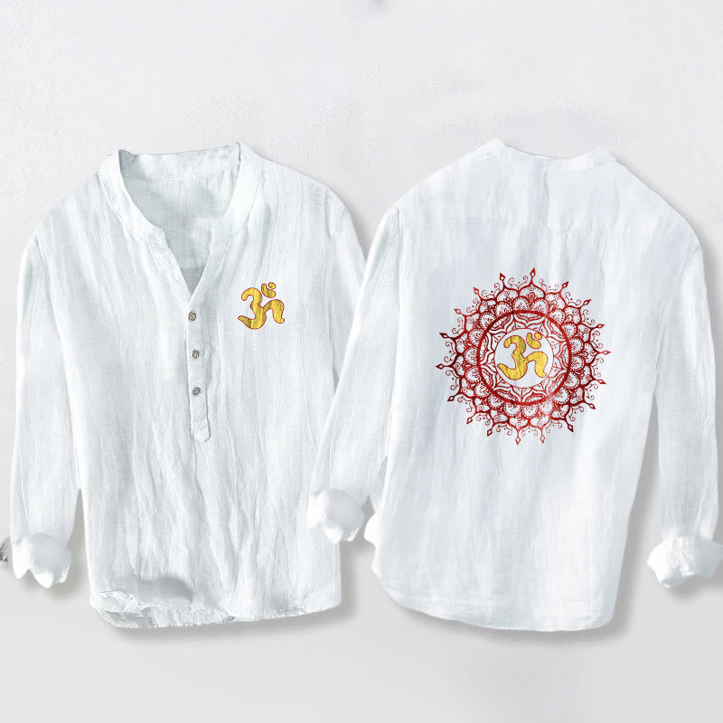 Camisa de manga larga de algodón y lino para hombre con diseño de mandala, símbolo OM y Buddha Stones , con botones y medio botón. - Blanco - US/UK/AU50, UE60 (5XL) - image 0