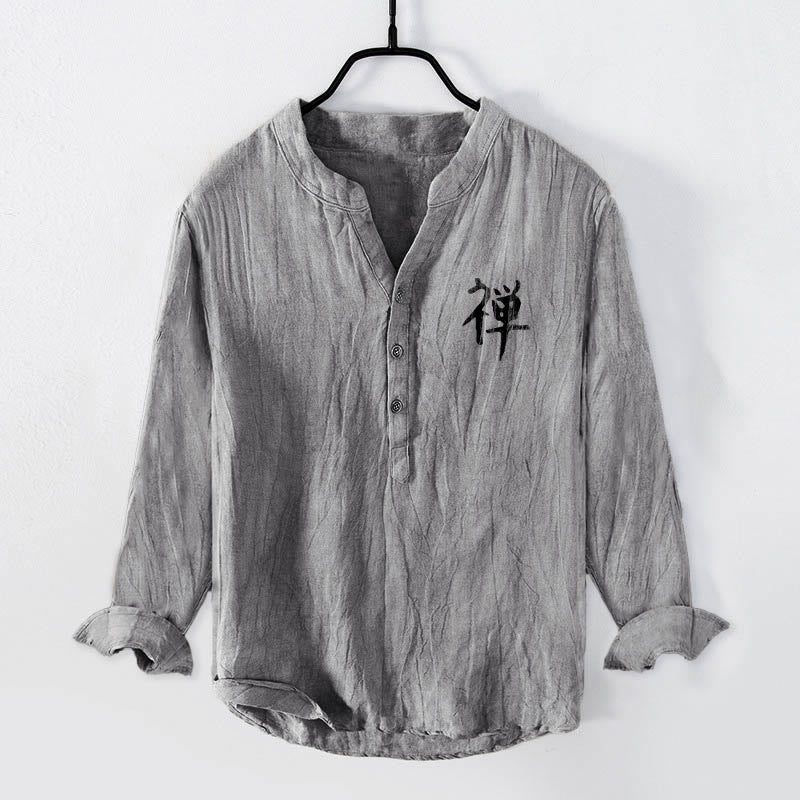 Camisa de manga larga de algodón y lino para hombre, con diseño de Buddha Stones, zen, pino, sol y botones, con estampado de media botonadura - image 1