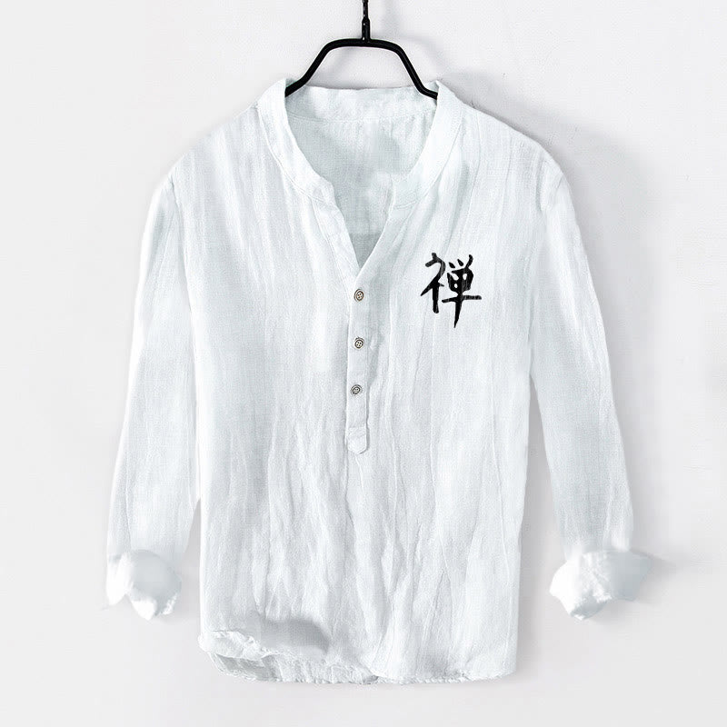 Camisa de manga larga de algodón y lino para hombre, con diseño de Buddha Stones, zen, pino, sol y botones, con estampado de media botonadura - image 7