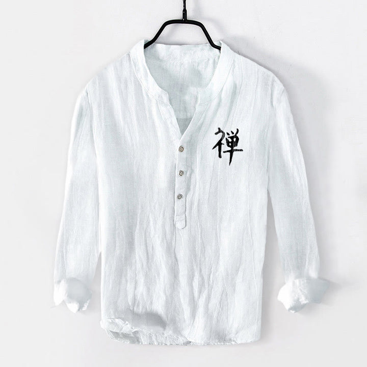 Camisa de manga larga de algodón y lino para hombre, con diseño de Buddha Stones, zen, pino, sol y botones, con estampado de media botonadura - image 7