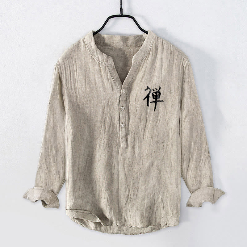 Camisa de manga larga de algodón y lino para hombre, con diseño de Buddha Stones, zen, pino, sol y botones, con estampado de media botonadura - image 4