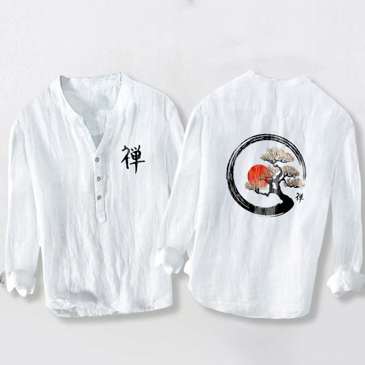 Camisa de manga larga de algodón y lino para hombre, con diseño de Buddha Stones, zen, pino, sol y botones, con estampado de media botonadura - Blanco - US/UK/AU50, EU60 (5XL) - image 6