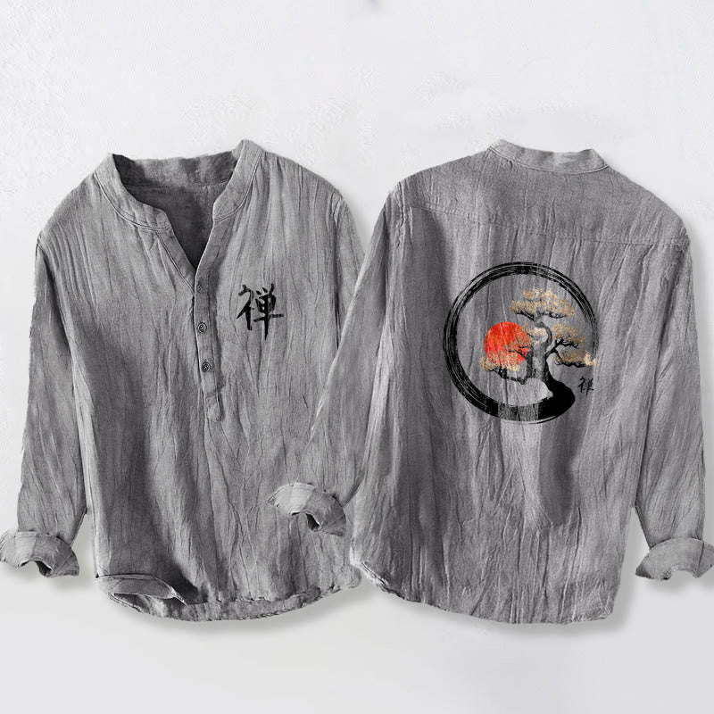 Camisa de manga larga de algodón y lino para hombre, con diseño de Buddha Stones, zen, pino, sol y botones, con estampado de media botonadura - Gris - US/UK/AU50, UE60 (5XL) - image 0