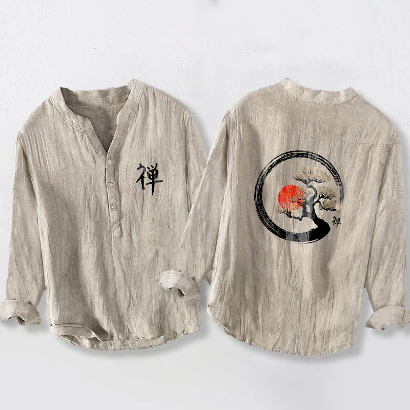 Camisa de manga larga de algodón y lino para hombre, con diseño de Buddha Stones, zen, pino, sol y botones, con estampado de media botonadura - Lino - US/UK/AU50, EU60 (5XL) - image 3