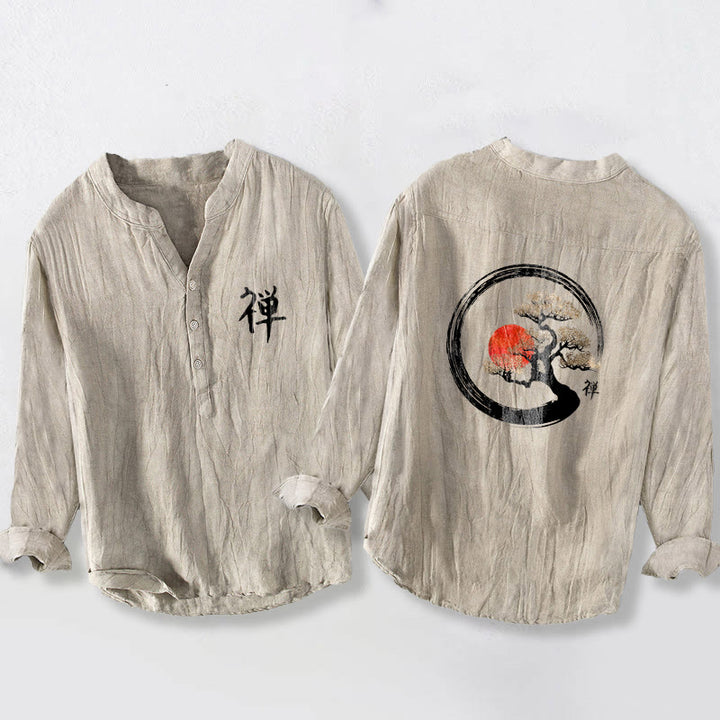 Camisa de manga larga de algodón y lino para hombre, con diseño de Buddha Stones, zen, pino, sol y botones, con estampado de media botonadura - Lino - US/UK/AU50, EU60 (5XL) - image 3