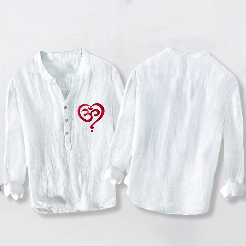 Camisa de manga larga de lino y algodón para hombre con diseño de corazón de Buddha Stones y símbolo OM, con botones y medio cuello. - image 8