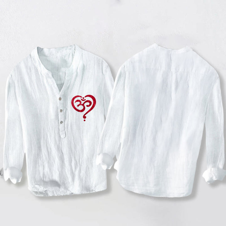 Camisa de manga larga de lino y algodón para hombre con diseño de corazón de Buddha Stones y símbolo OM, con botones y medio cuello. - image 8