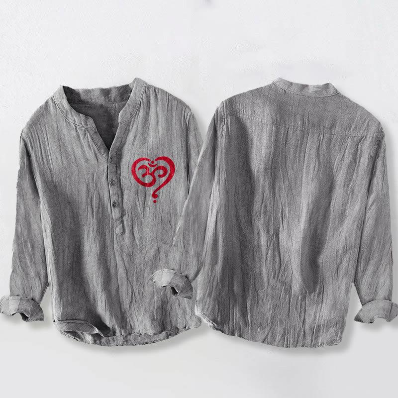 Camisa de manga larga de lino y algodón para hombre con diseño de corazón de Buddha Stones y símbolo OM, con botones y medio cuello. - image 5
